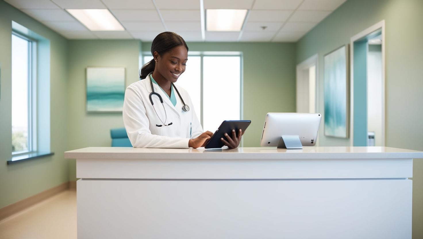 one person using a computer or tablet at a medical office reception room